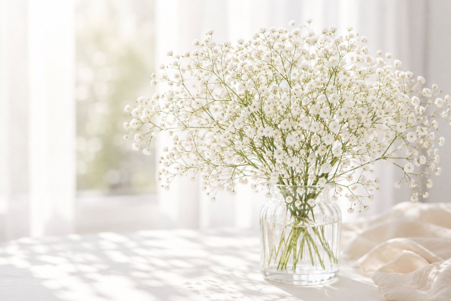 ガラスの花瓶に生けた白い小花